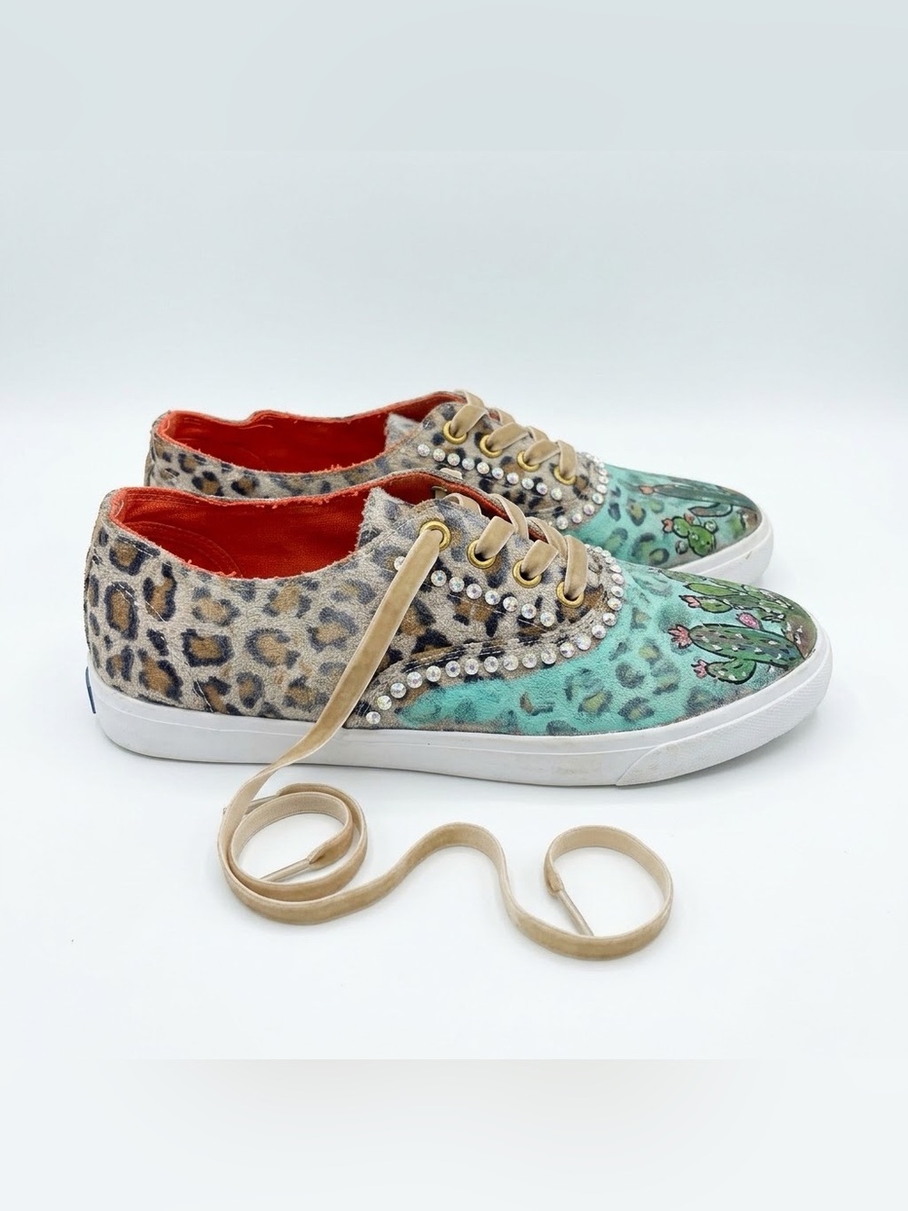 A Rare Bird Hand Painted Leopard Cactus Rhinestone Embellished Canvas Sneakers